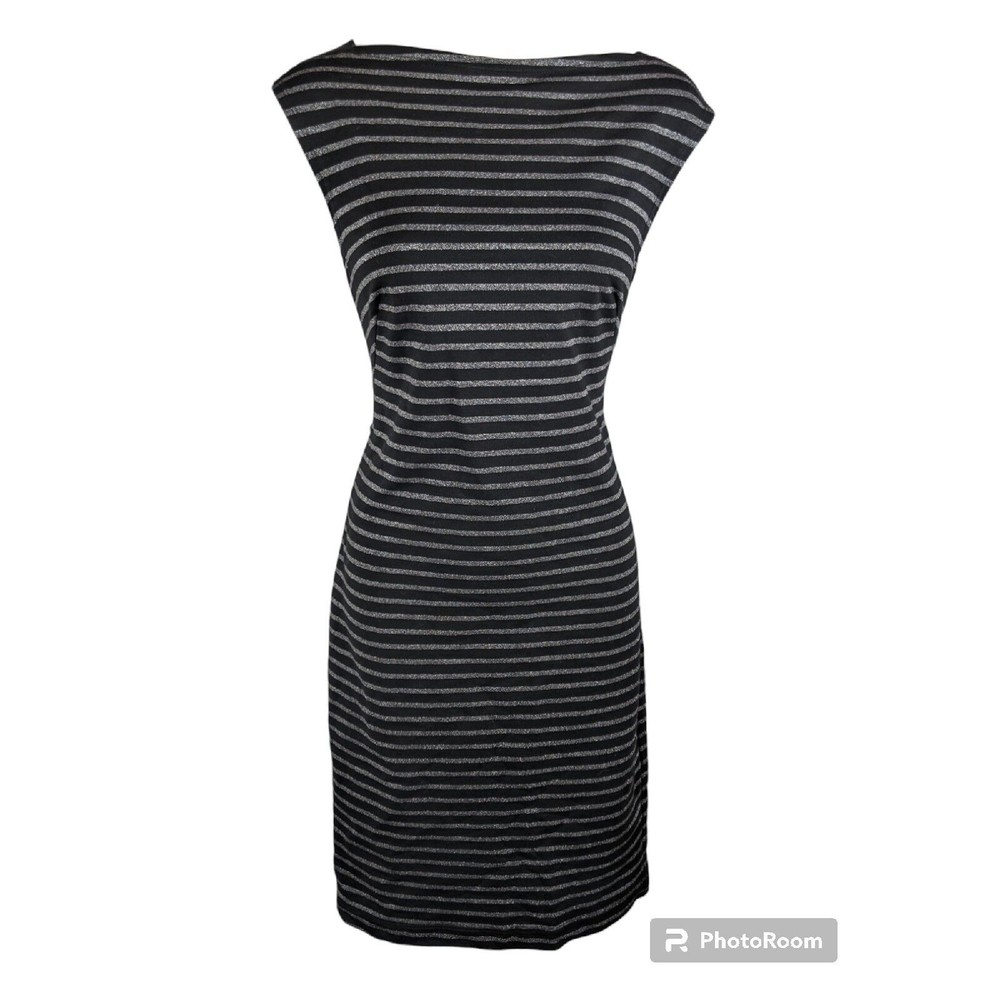 Trina Turk Striped T-shirt Dress Soft Lightweight Metallic Silver Black S 4